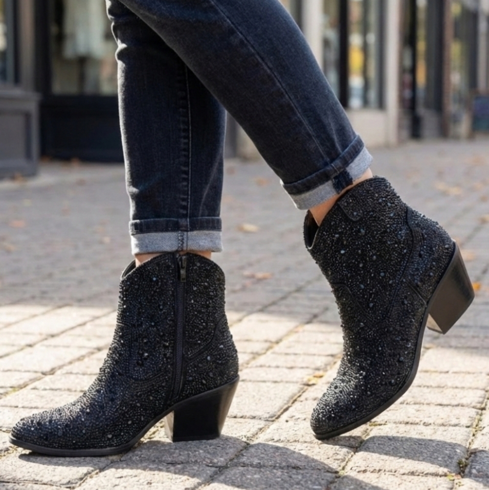 Corky's Hey Girl Shine Bright Black Rhinestone Western Booties Size 7